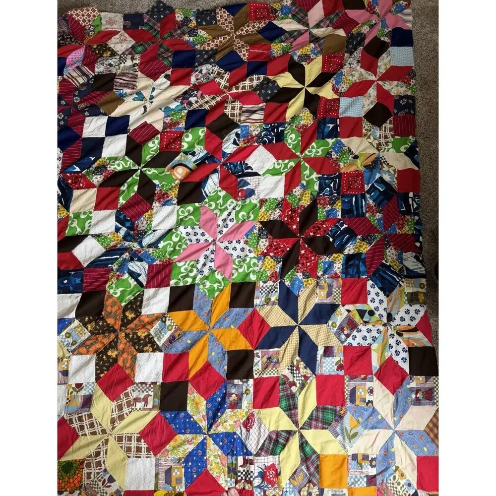 VINTAGE CRAZY QUILT TOP Kaleidoscope 8 Point Star COLORFUL Quilt OOAK Hand Sewn
